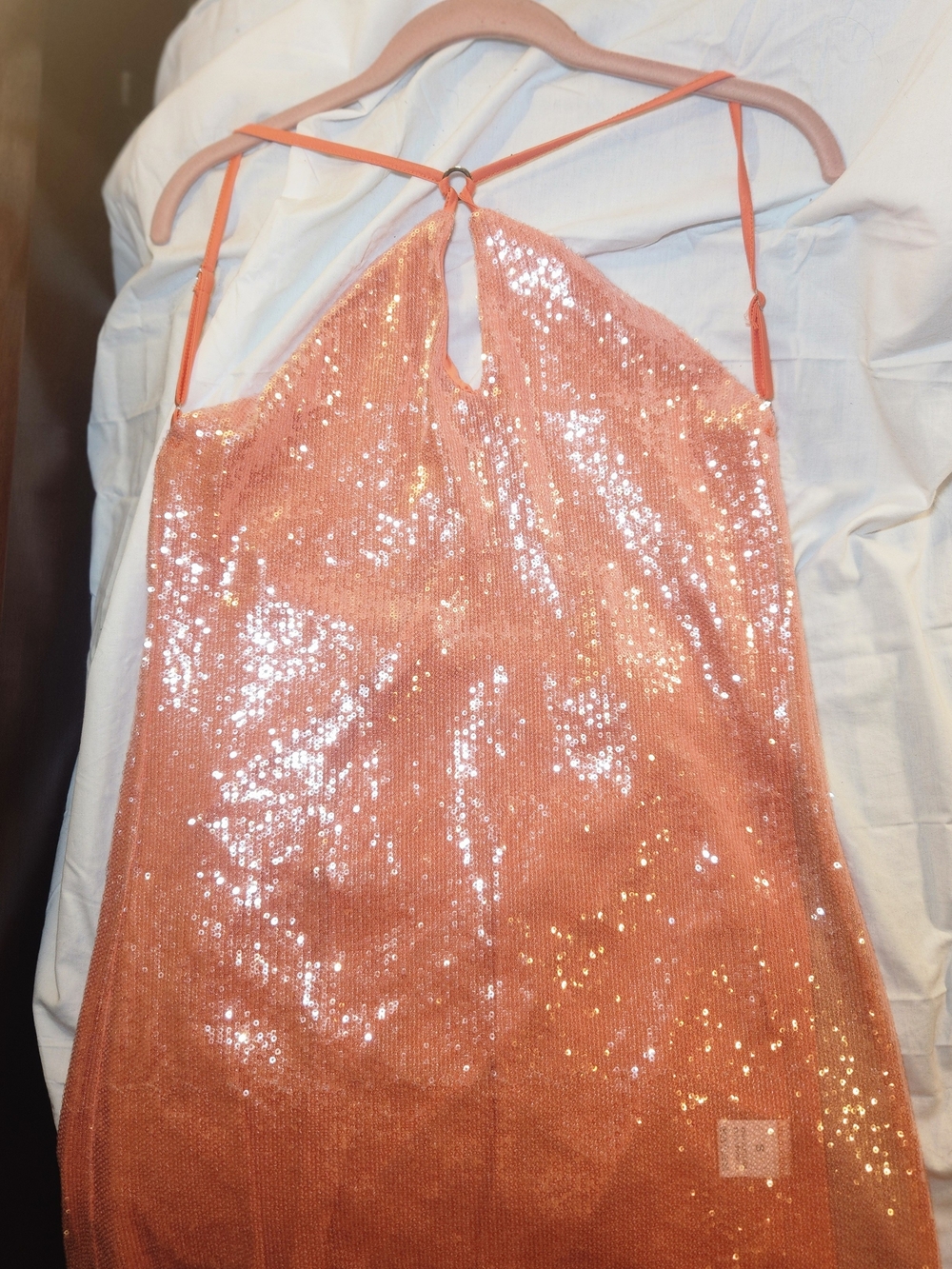Sequin Halter Mini Dress in Coral Pink